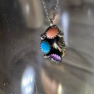 Sterling Silver Pendant & Cain- Coral, Turquoise, Amethyst
